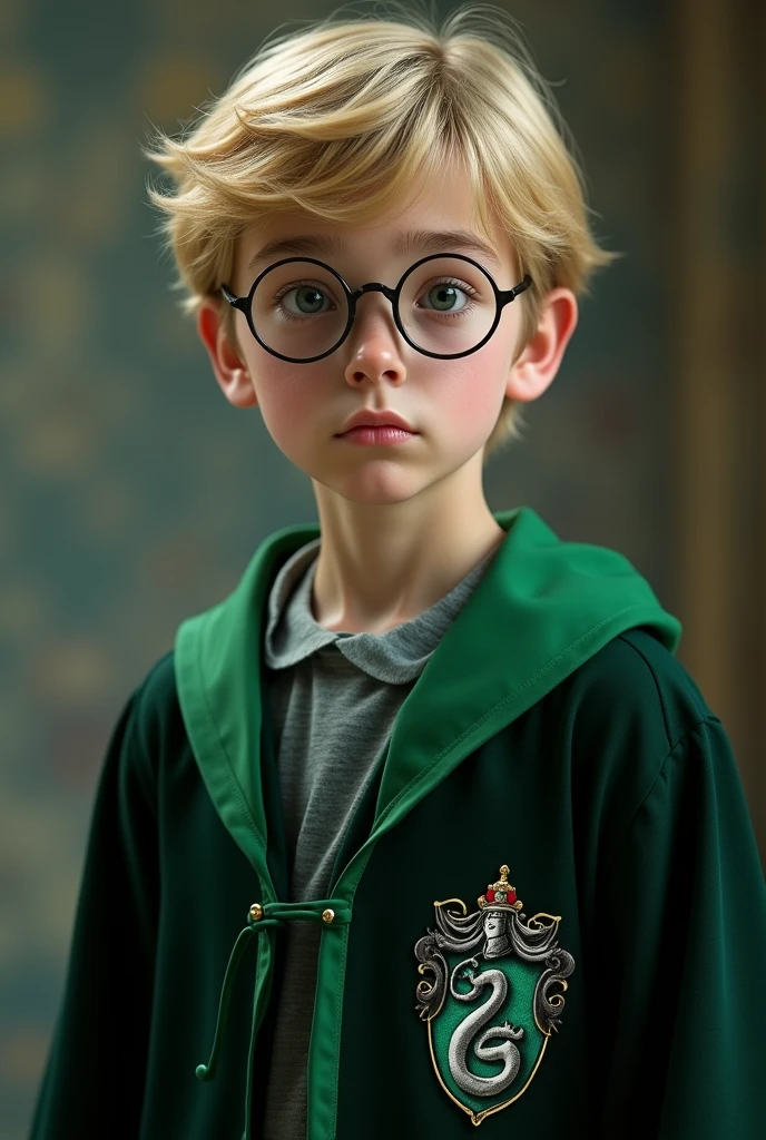 A boy with blonde hair and dark green eyes Wear round glasses wearing a robe from the House of Slytherinon, front view, HDR, volumetric lighting, ultra quality, elegant, highly detailed