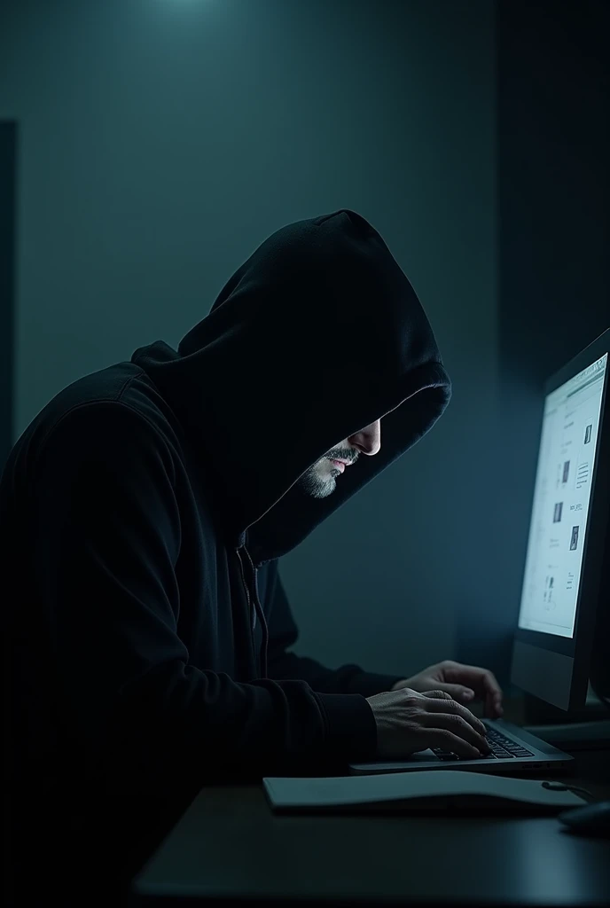 a man in a hood in a dark room in front of a computer 
