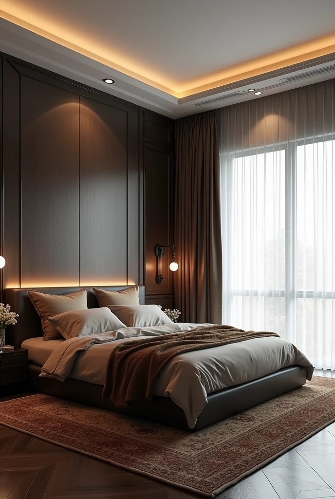 Professional 3d architecture rendering design of modern and Dark moss and Dark Thunder and darkcream and dark wooden modern design for bedroom and Brown Persian silk carpet and white painting wall and modern ceiling lighting and modern windows and elegant curtains