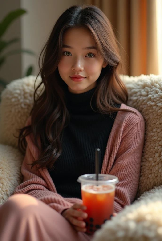 A beautiful light brown skin ai girl in her early 20's with green eyes with brownish black long hair with a casual face sitting on her fluffy couch in her fluffy blackish pink turtle neck In her pants in a relaxed pose facing her audience and talking to them with boba tea on her side
