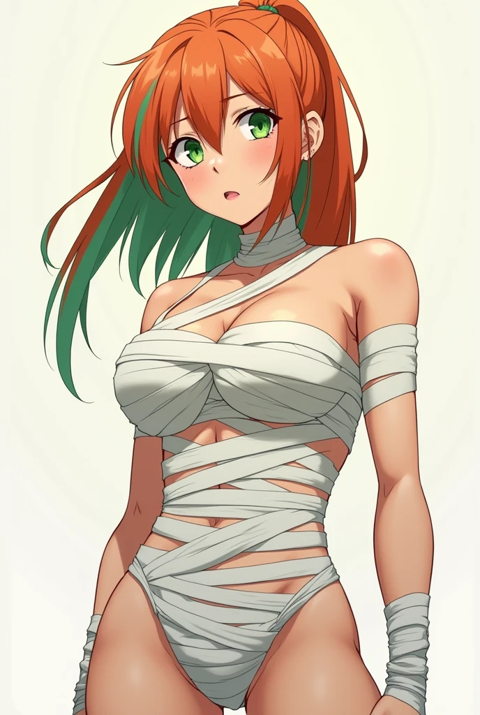 A muscular teenage anime woman with orange hair with green highlights and green eyes, using white bandages to completely cover the breasts 