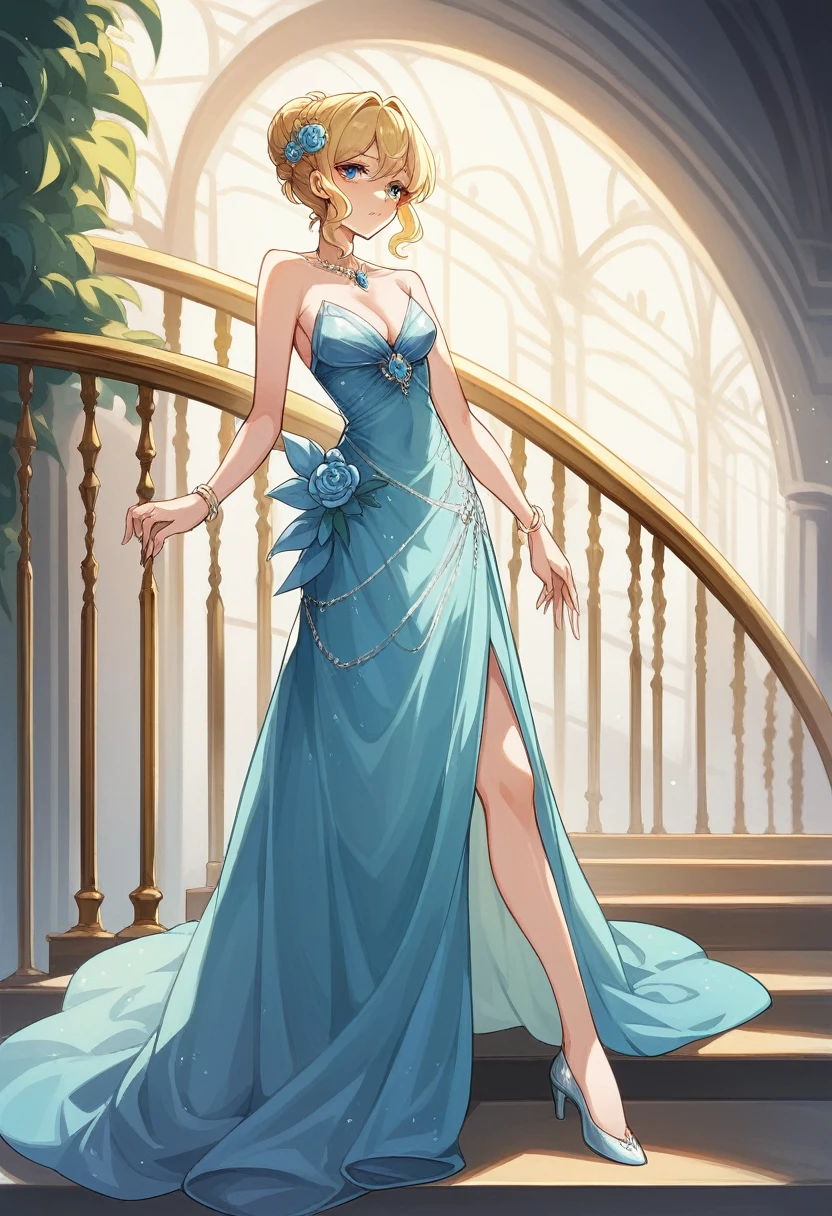 A young woman with a graceful and delicate appearance, with blonde hair tied in an elegant bun and wearing a stunning light blue dress, adorned with light-reflecting crystals. She is standing on a marble staircase, with a glass slipper in her hand. Ao fundo, a grand ballroom lit by golden chandeliers, with guests in formal attire. The expression on Cinderella&#39;s face is one of hope and enchantment.. realistic styling, 8k, with attention to the details of the dress, of the glass slipper and the luxurious setting.