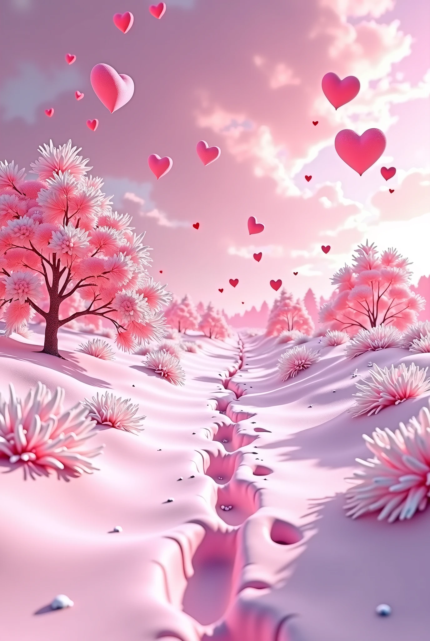 Pink sky,Bright pink love heart clouds,Endless pink snowfield,Several trees with pink snow,Light pink snow is falling、Footprints stretching far into the distance,No people or animals
