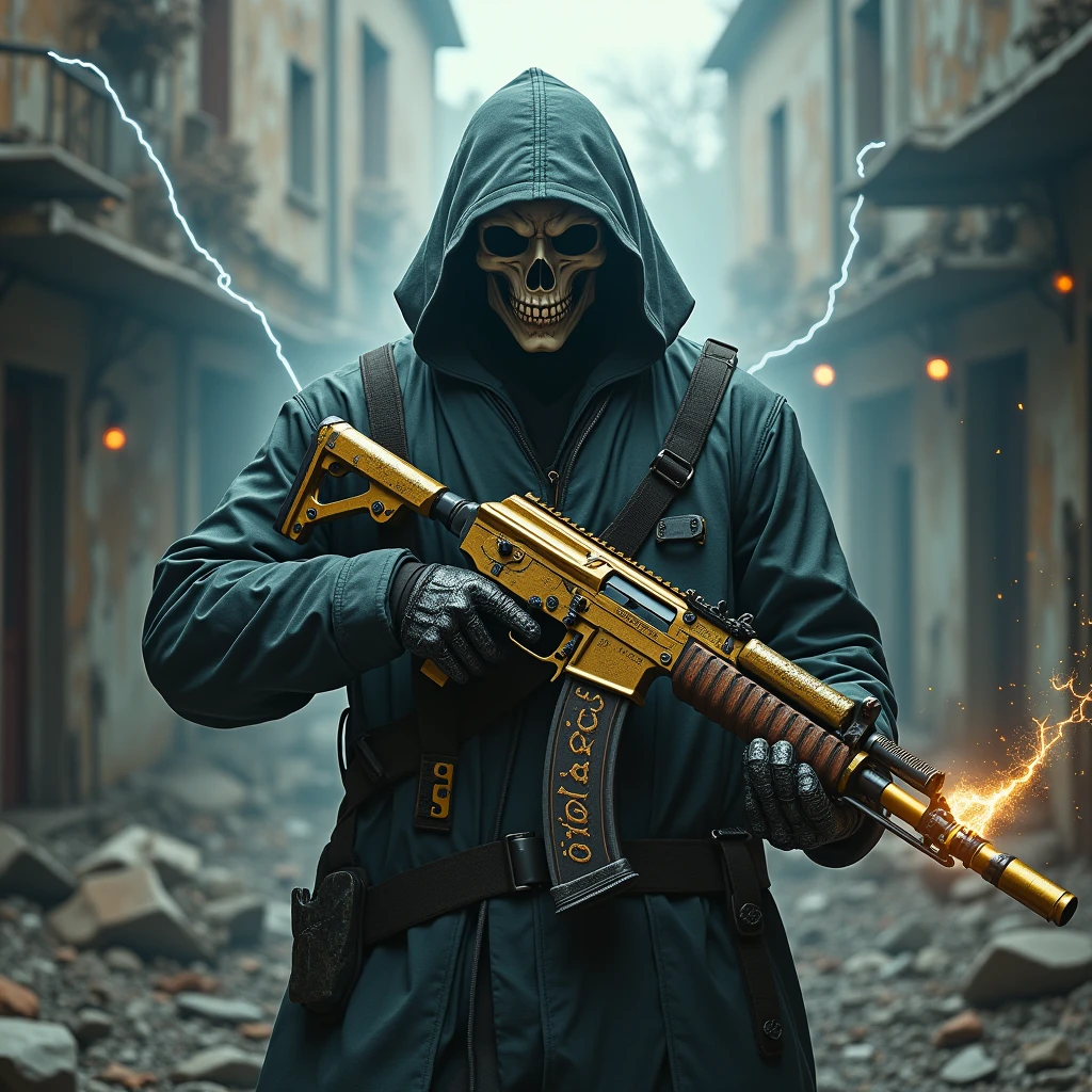 a highly detailed photo of Ghost from Call of Duty, wearing a skull mask, holding a gold AK117 assault rifle, standing in a destroyed city with bullet holes in the background, the words "iKillAce" written in the background, surrounded by an aura of power, dark and dramatic fantasy atmosphere, dramatic lighting, cinematic composition, hyper realistic, best quality, masterpiece, a powerful gun with magical bullets, iKillAce written in black lightning, fantasy magic, highly detailed, cinematic lighting, vibrant colors, epic, dramatic, 8K, photorealistic