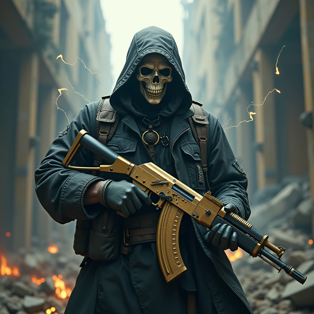 a highly detailed photo of Ghost from Call of Duty, wearing a skull mask, holding a gold AK117 assault rifle, standing in a destroyed city with bullet holes in the background, the words "iKillAce" written in the background, surrounded by an aura of power, dark and dramatic fantasy atmosphere, dramatic lighting, cinematic composition, hyper realistic, best quality, masterpiece, a powerful gun with magical bullets, iKillAce written in black lightning, fantasy magic, highly detailed, cinematic lighting, vibrant colors, epic, dramatic, 8K, photorealistic