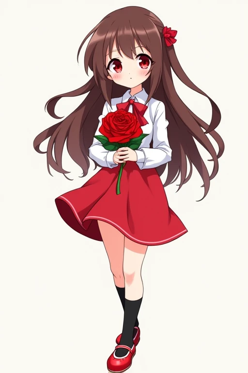 A deformed illustration of a cute anime girl with long brown hair, red eyes, wearing a white dress shirt with a red handkerchief-shaped ribbon, a red skirt, black socks, and red shoes with white areas, smiling and holding a red rose in both arms.