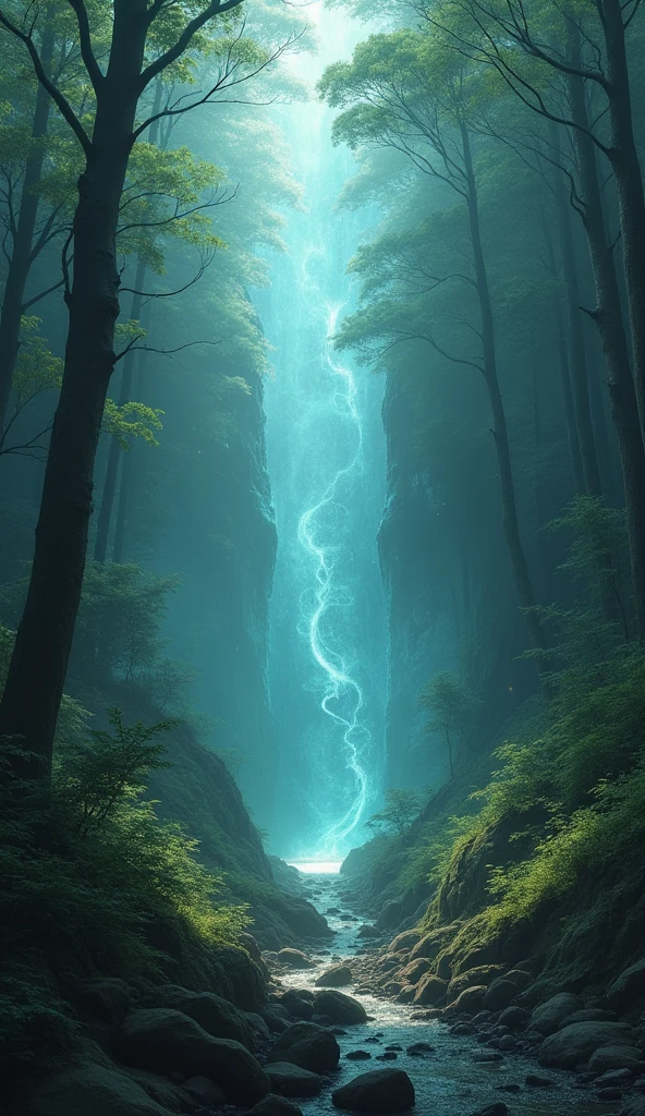 Create an image of a hidden, mystical realm that is invisible to ordinary eyes and unmarked on any map. Show a scene where the realm is subtly concealed within a familiar landscape, like a dense forest or a foggy valley. The visible part should look ordinary, with trees, rocks, and mist, while the hidden realm is suggested through faint, shimmering outlines or a soft, ethereal glow that hints at its presence just beyond the visible world. Use colors that contrast subtly with the surroundings to give an impression of something magical and hidden. The overall mood should be one of mystery and intrigue, suggesting that something extraordinary lies just out of sight.