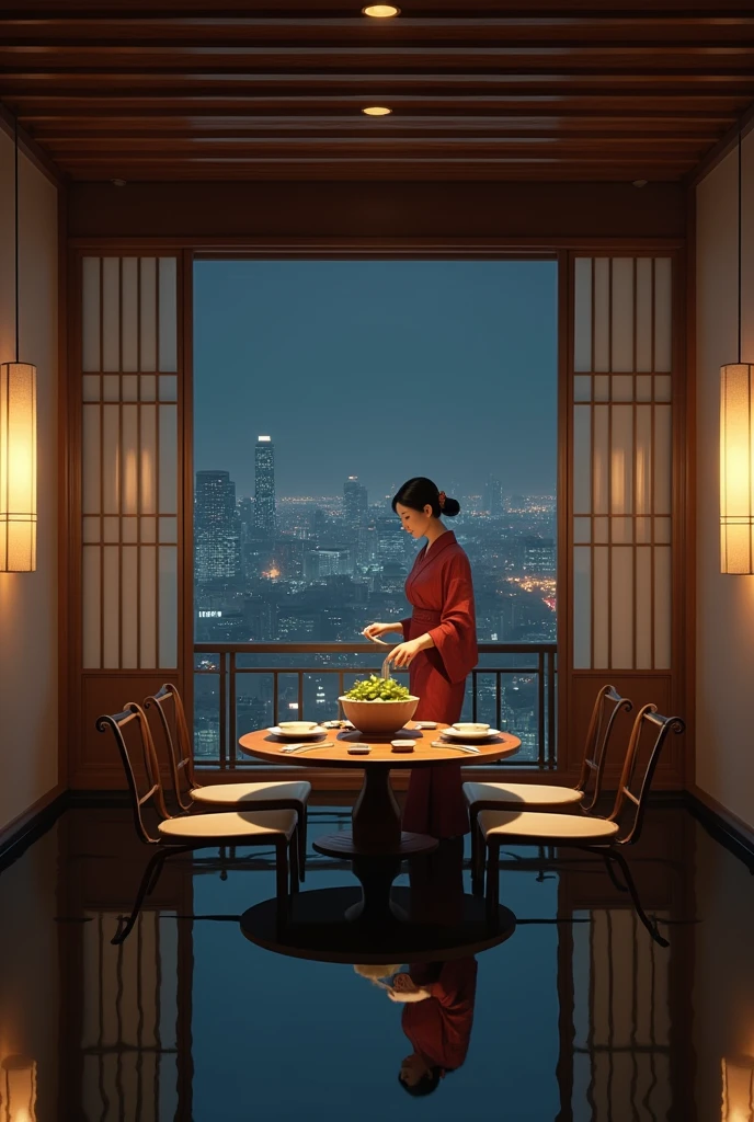 A private room in a Japanese fine dining restaurant in the 1980s。Modern Japanese-style interior、In the center is a table with a shabu-shabu pot on it.。The floor is mirrored、The entire room is reflected, creating a feeling of spaciousness。The dim lighting is soft、The city's night view can be seen from the window。A hostess in a kimono with a modest smile quietly prepares the meal.。