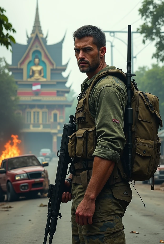 Create realistic images The man stood to the side and turned his head to look forward. On the back, he carries a camouflage backpack. Both hands held the same shotgun. Clothes were stained and partially torn. Standing in the middle of a road full of overturned and burning car wreckage. The background is an abandoned building. Thai style building and has a large Buddha statue and a Thai flag.