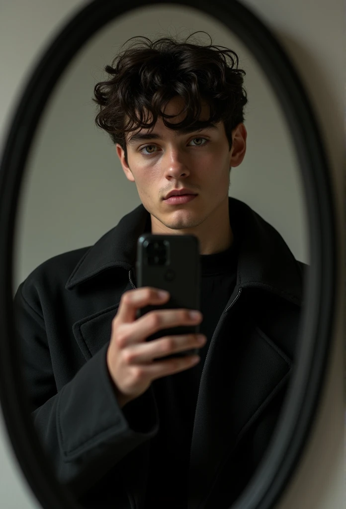 beautiful young skinny tanned boy, (wearing dark clothes), ((photo in front of mirror holding cell phone)) front photo