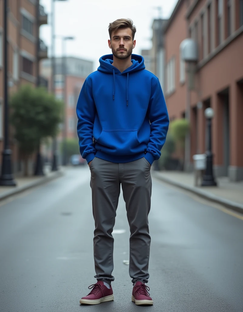 A 30 year old man in a quiet street, wearing royal blue slim fit hoodie, grey chinos and burgundy plimsols, full body, looking at viewer