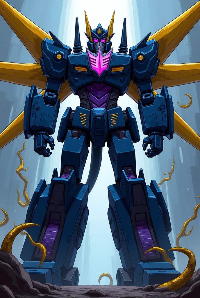 I want an illustration of the transformers decepticon Dark Nova the emperor of the decepticons with 6 dark blue arms with yellow blades on them in his robot mode with an Egyptian megatron head and a mechanical tail backwards the legs like a varitech robot the decepticon symbol in giant violet color on the armor of his ear and a vertical mouth with pointed teeth on his stomach all in blue color golden yellow tentacles coming out of his ribs 