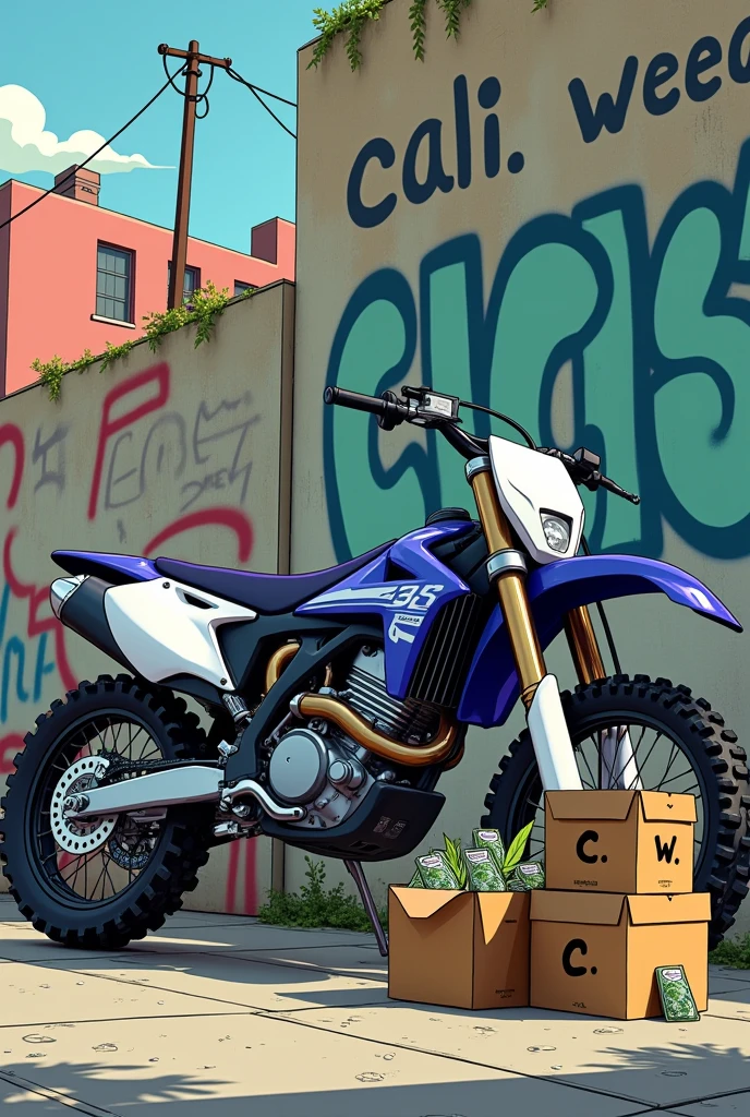 springfield avec un mur ou il y'a tagé Cali Weed35 et contre le mur une moto cross yamaha avec avec 3 boites marron ou il y'a ecrit C.W dessus et sur les boites marron 4 petits pochon transparent de canabis en cartoon