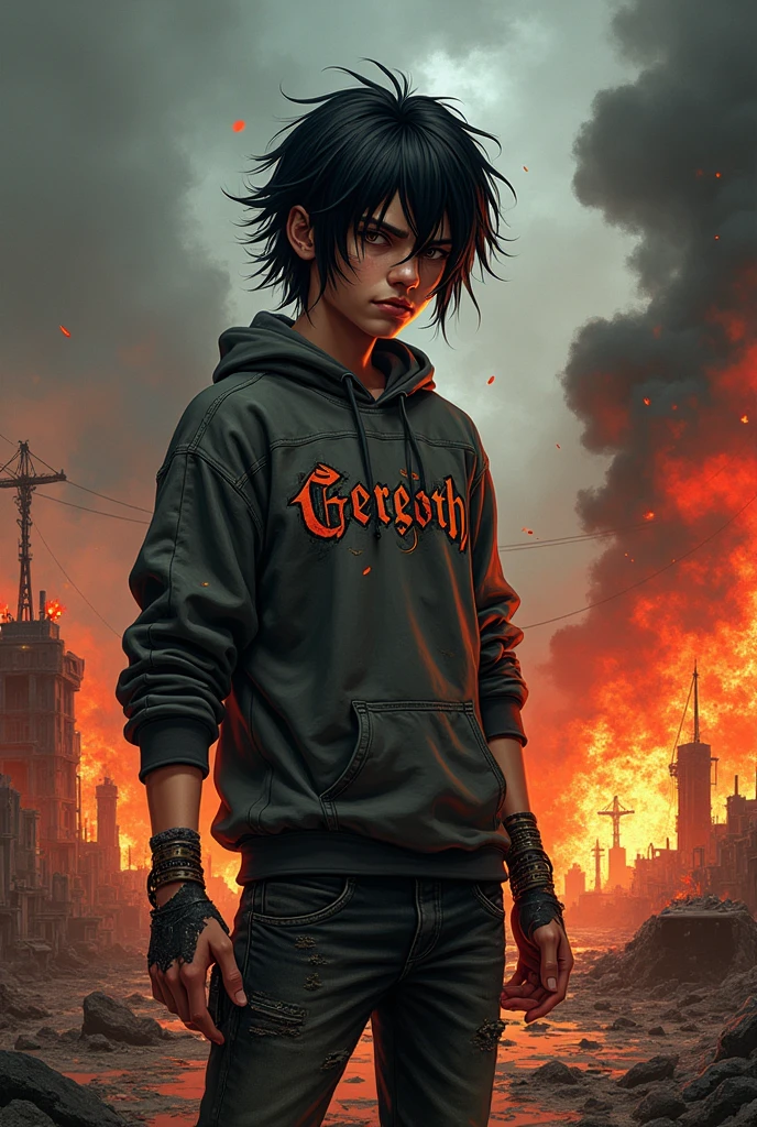 Rocker boy, with sweatshirt named Gerson, in a landscape of destruction and war in hell with lots of fire, megadeth style illustration, Medium long black hair shaved Viking style