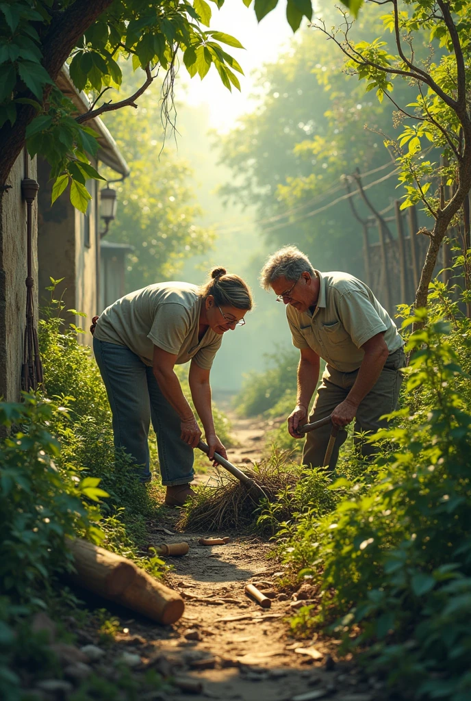 A man and woman couple in their 40s rebuilding and caring for an ugly garden.