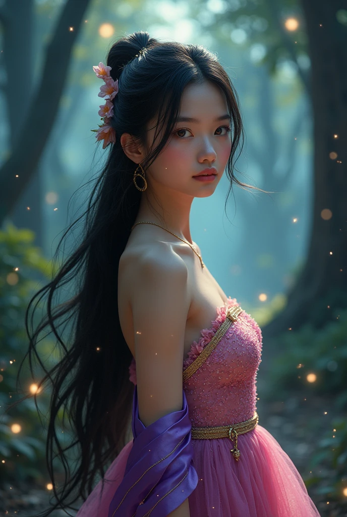 Woman,skin fair,sparkling green eyes,dark purple braided hair,flowers in the braid,light purple dress,action running,cinema image,品質,