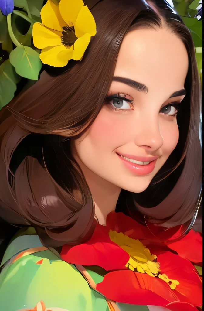 (pixarstyle: 1.25) portrait of a , Natalie Portman, smiles, waist length with flower basket overgrown with poppy flower, natural skin texture, 4k textures, hdr, complex, highly detailed, sharp focus, cinematic look, hyper-detailed