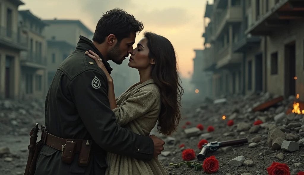 1914; (masterpiece, best quality) destroyed city roses on the floor(London); flowers on the ground; 1British soldier couple kissing looking Down(close-up);firearm on the floor.; fire around.