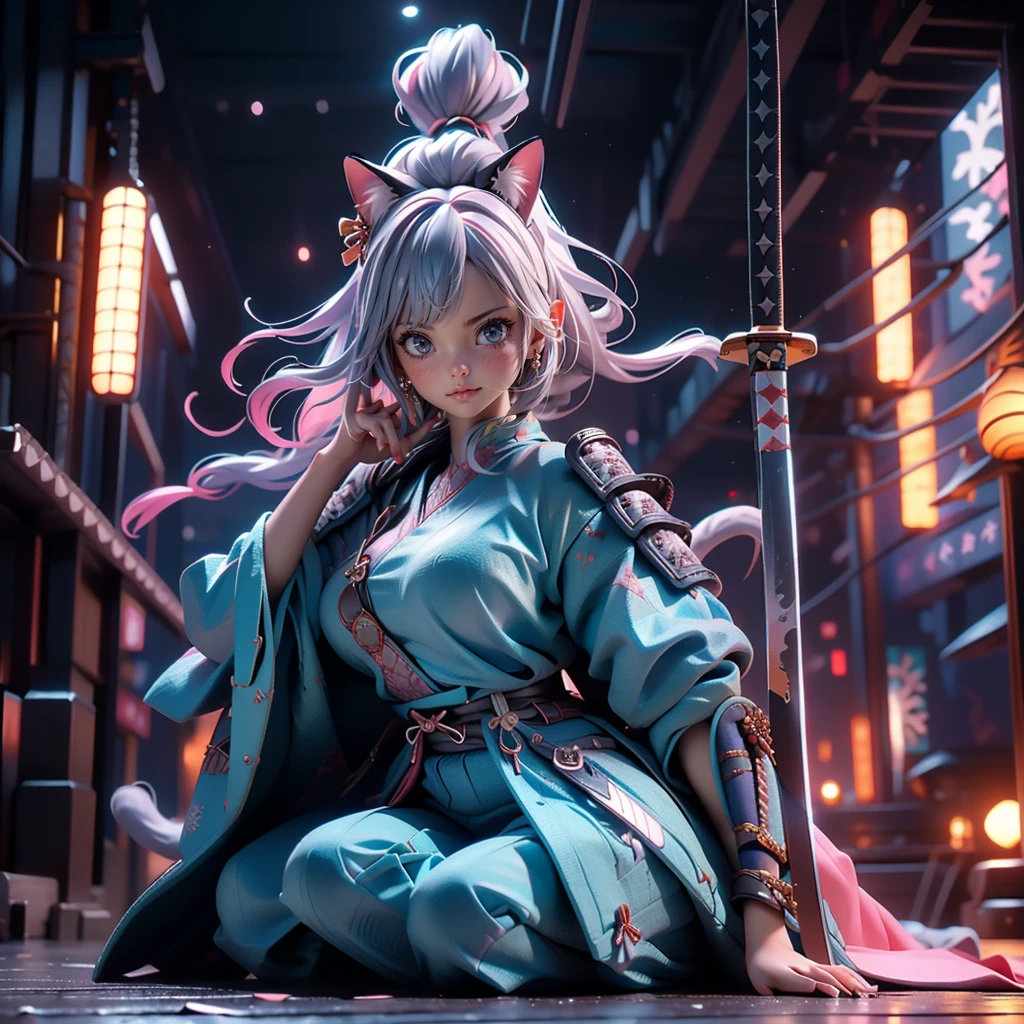 Moisturized Skin, (blue eyes), Realistic body, (Adult female body), Attractive breasts, ((Overlord color supremacy)), Energetic, 3DCG, front, Pink lipstick, (Silver Hair), ((Cat ear)), Beautiful Hair, Long Hair, ponytail, (((Samurai Armor: 1.3))), ((masterpiece + Highest quality + High resolution + Very detailedな)), (whole body: 1.2), Full fingers, Complete limbs, Anatomically correct, Textured skin, Very detailed,  Anime character holding a sword in the night city、Very beautiful cyberpunk samurai、(She has a sword)、(Dramatic Katana Wielding Pose、Pulling out the sword)