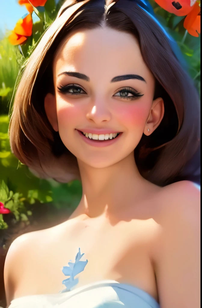 (pixarstyle: 1.25) portrait of a , Natalie Portman, smiles, waist length with flower basket overgrown with poppy flower, natural skin texture, 4k textures, hdr, complex, highly detailed, sharp focus, cinematic look, hyper-detailed