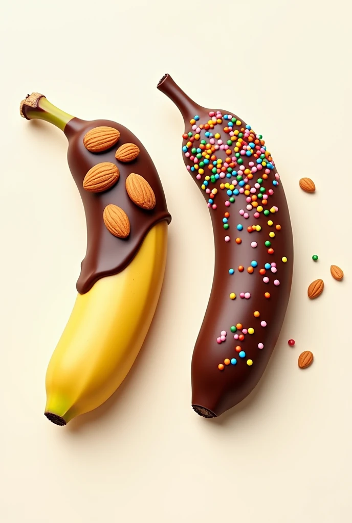 Logo of two chocolate covered bananas, one with almonds and the other with colored sprinkles and the logo that says choco bananas