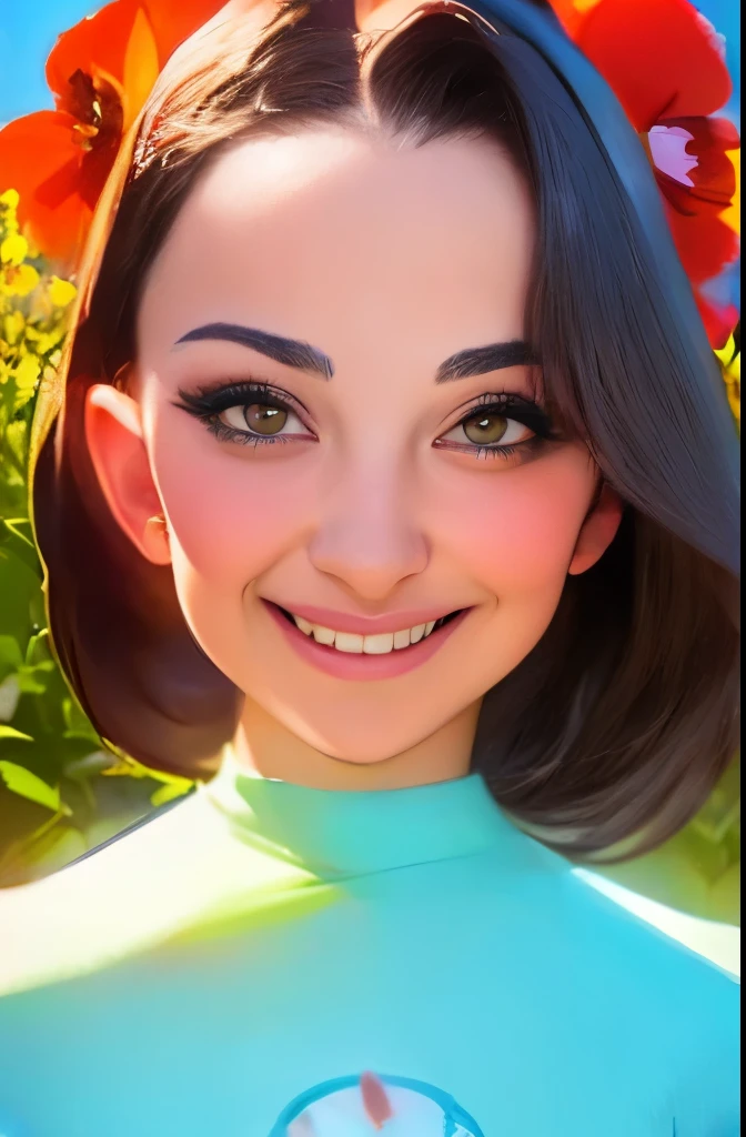 (pixarstyle: 1.25) portrait of a , Natalie Portman, smiles, waist length with flower basket overgrown with poppy flower, natural skin texture, 4k textures, hdr, complex, highly detailed, sharp focus, cinematic look, hyper-detailed