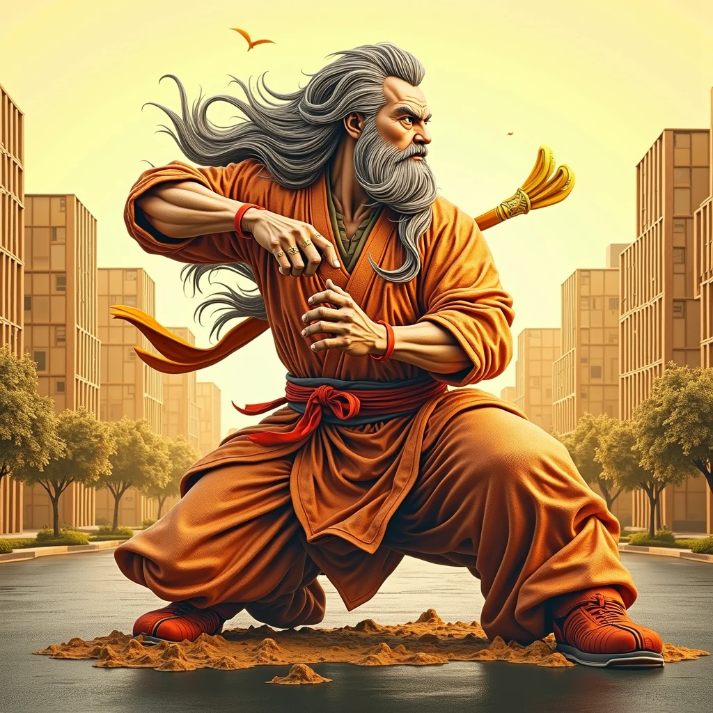 a master of martial arts,displaying his own skills.((protector,fighter,ancient,murder,bravery)),((orange,yellow,red)),(( Full figure wiew)). ((Three quarter wiew)),((deep wiew)),modern suburbs scenario background,photographic,ultra high resolution,hyperdetailed, masterpiece, 3d modelling, digital art.
