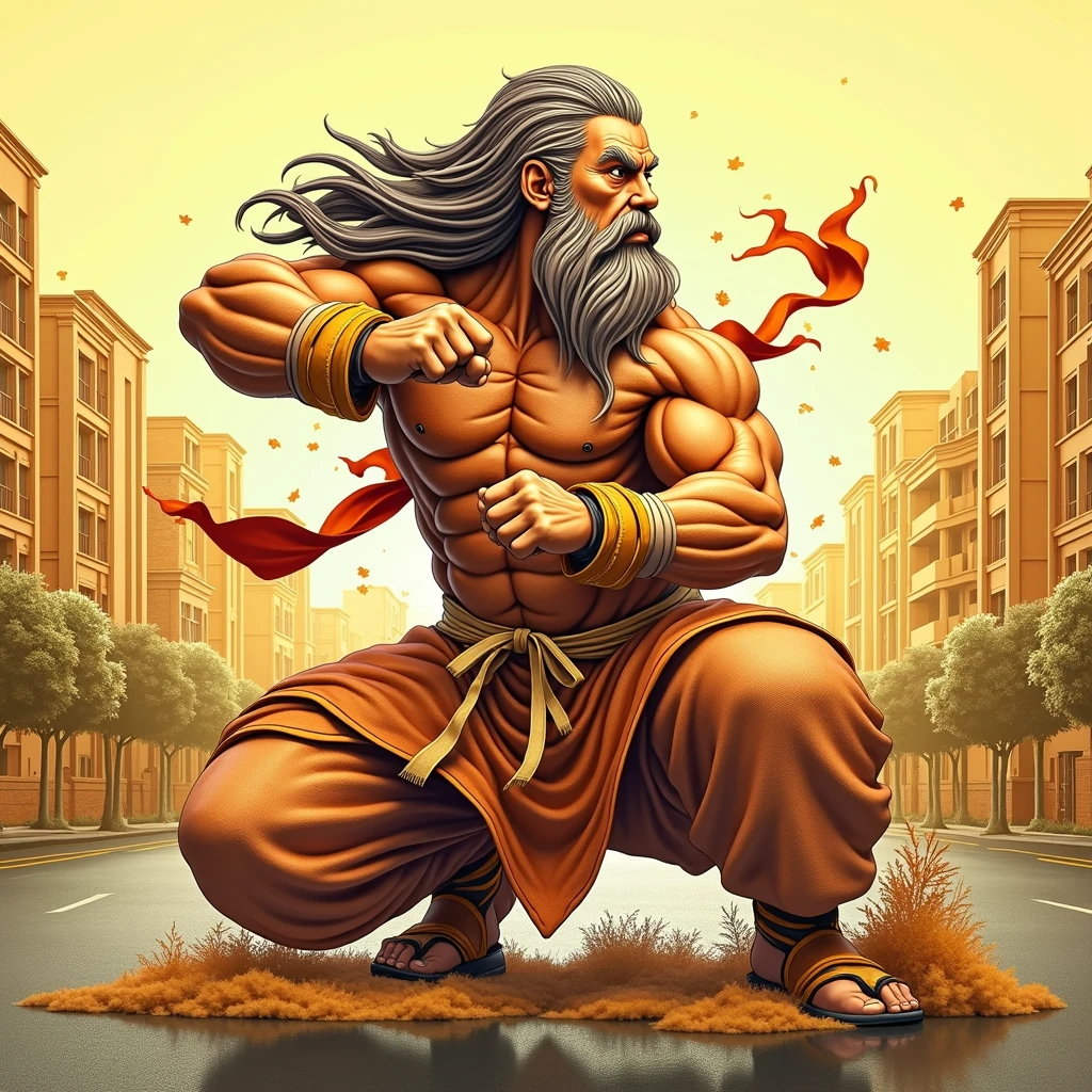  a master of martial arts,displaying his own skills.((protector,fighter,ancient,murder,bravery)),((orange,yellow,red)),(( Full figure wiew)). ((Three quarter wiew)),((deep wiew)),modern suburbs scenario background,photographic,ultra high resolution,hyperdetailed, masterpiece, 3d modelling, digital art.