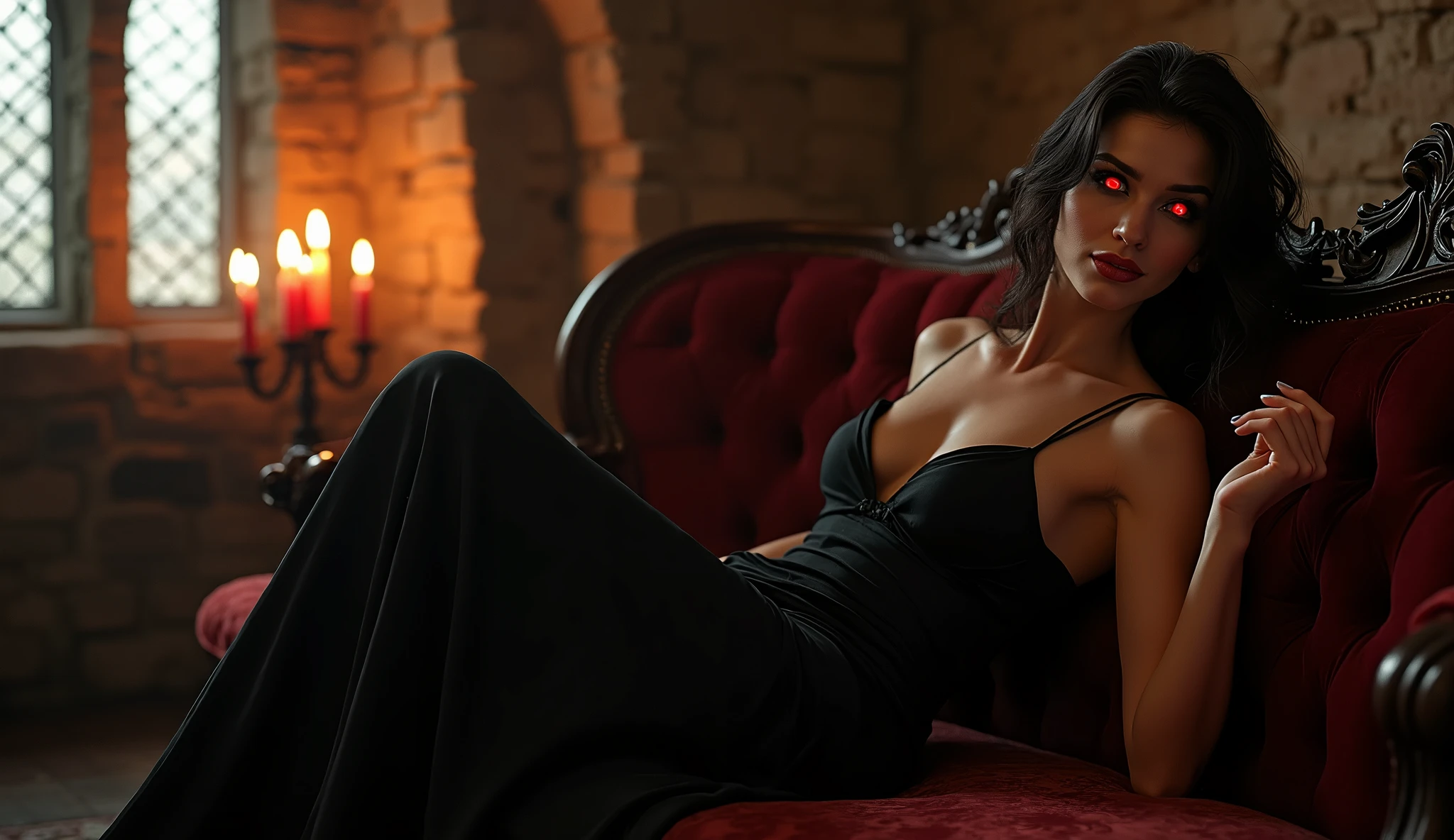 Inside a stone-walled, dimly lit ancient castle, a seductive female vampire lounges elegantly on a sofa. She wears a long black dress that exposes her shoulders and back in a daring fashion. Her eyes glow a deep crimson as she smiles enticingly, gazing at the viewer to captivate them. Around her, candlelight flickers, casting a romantic and mysterious glow throughout the room. Aim for realistic depiction, make sure photos are at highest resolution (8K)