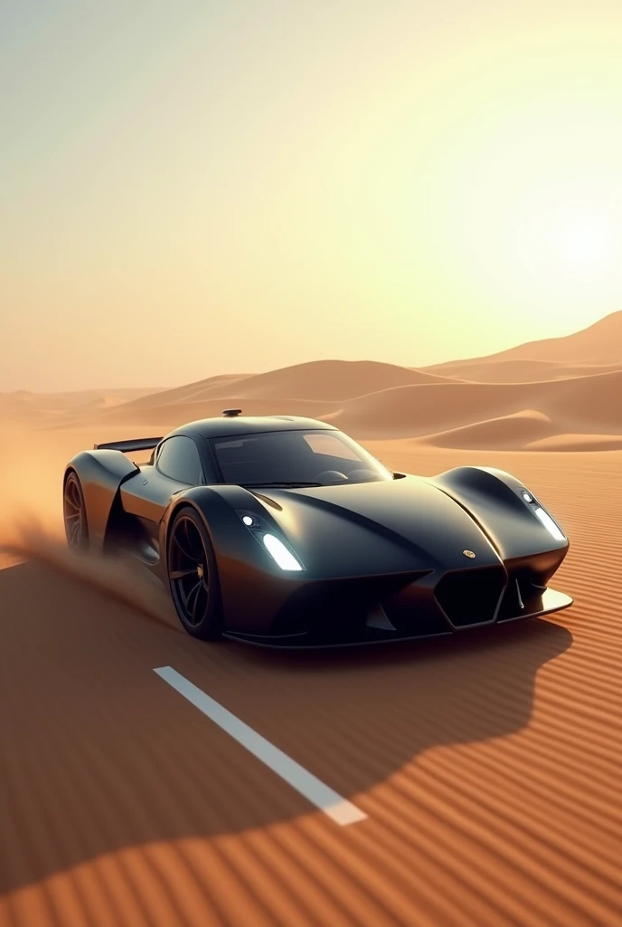 A black car run with white hours in desert 