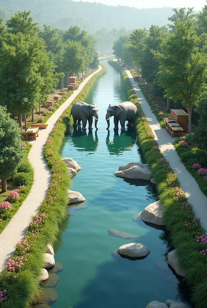 The design of the park features two elephants in the middle of the river facing each other. The walkway around the river is lined with champaka flowers. There are beautiful photo spots, viewing platforms with tables and chairs, and free musical instruments to play in front of the two elephants standing in the middle of the fountain. The surrounding area is green and bright, and the path connects to the night market opposite the park.