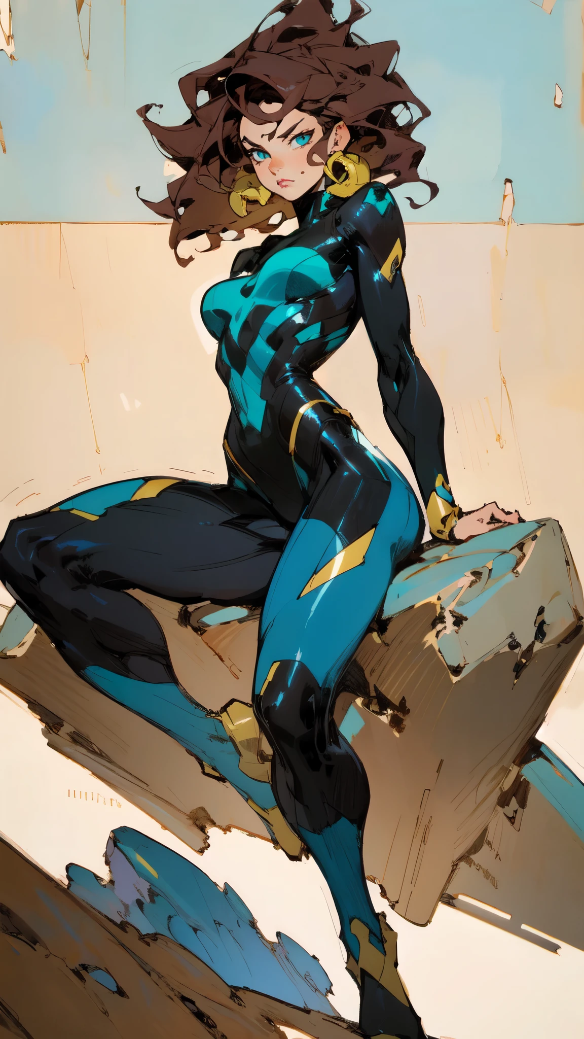 (masterpiece:1.2, best quality:1.2, extremely delicate:1.2), a mature women with long slightly curly brown hair, a well-defined face, intense eyes, a thoughtful expression, brown skin, tall and athletic build, a futuristic fantasy-style blue and black short-sleeved tight-fitting wetsuit, matching trousers, wrist guards, she sits leisurely on a seaside rock, this character embodies a finely crafted futuristic fantasy-style swimmer in anime style, exquisite and mature manga art style, dramatic, high definition, highres, ultra-detailed, ultra-fine painting, professional, perfect body proportions, golden ratio, anatomically correct, symmetrical face, extremely detailed eyes and face, high quality eyes, creativity, RAW photo, UHD, 32k, Natural light, cinematic lighting, (masterpiece-anatomy-perfect:1.2)