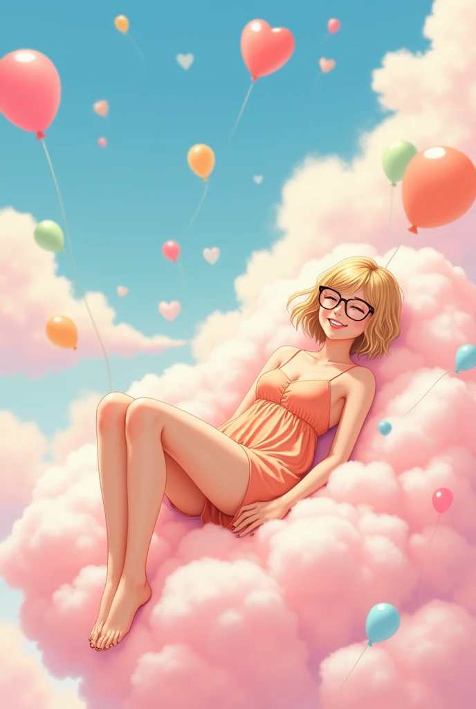 A beautiful japanese girl, blond short straight wavy hair, black round glasses, slender body, wearing pastel orange mini sun dress, beautiful sexy legs, lie down free style and rilex on flying fluffy soft pastel pink cloud that has lots of pastel color balloons on it, legs hanging down. Some of balloon shape is heart.
Pastel pink background, she's happy, laughing and enjoying flying with the cloud. Other fluffy soft pastel pink cloud surround it. 