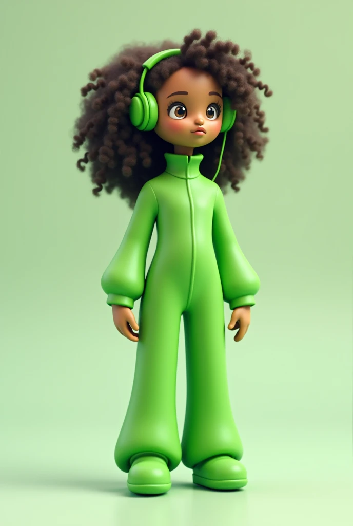 doll shape, Caucasian skin,curly hair, green jumpsuit and green headphones