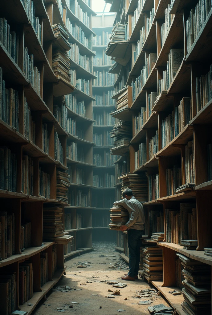 A library composed of various blockages, large bookshelves rotated 180° with their side pressing against the walls of the library with shared juxtaposition, located in front, and behind one another in a set order.