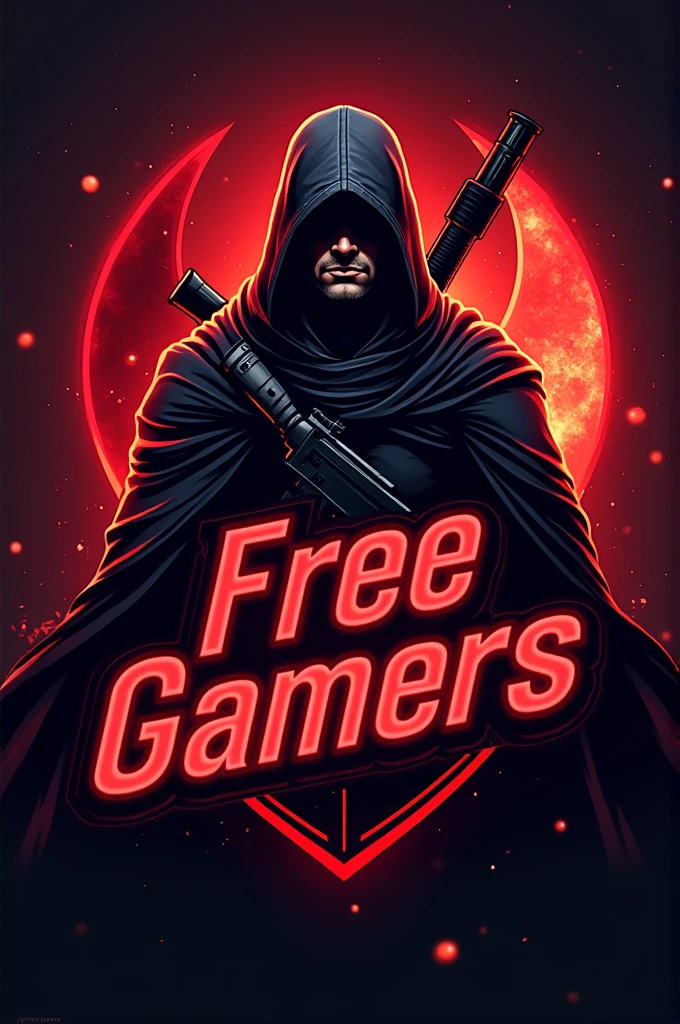 Create me a logo with a red tail in the background in front of a soldier in a black cape and a weapon on his back , with a phrase that says “FREE GAMERS” , the whole image with a neon red color