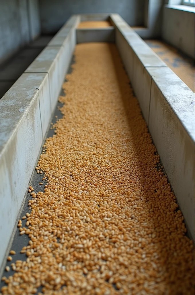 Steeped barley is put in long, rectangular, concrete open-top boxes equipped with perforated floor plates to permit flow of conditioned air