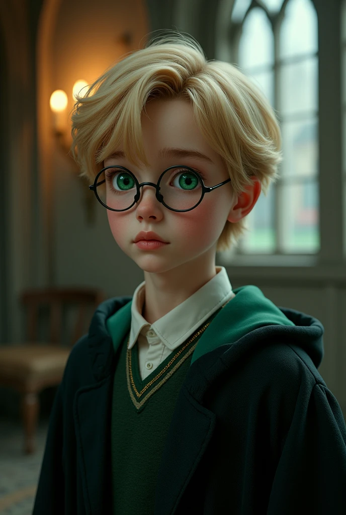 A boy 18 yearold with blonde hair and dark green eyes Wear round glasses wearing a robe from the House of Slytherinon, front view, HDR, volumetric lighting, ultra quality, elegant, highly detailed