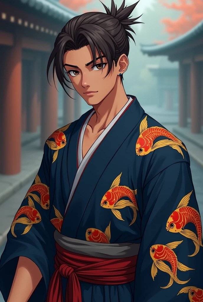Male character ager with brown skin and slicked back hair, dark brown eyes, wearing a dark blue kimono with a gold fish print, demon slayer anime style
