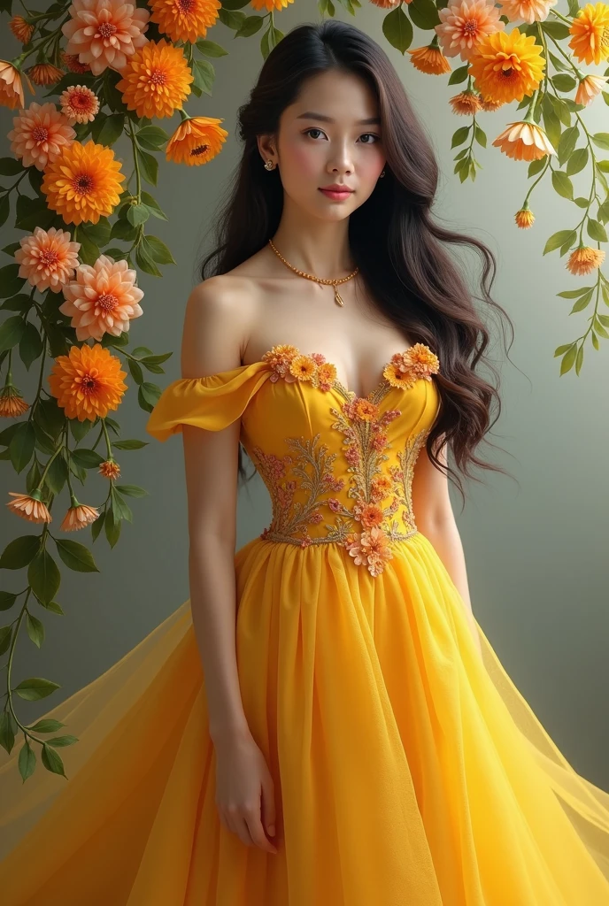 Real. Pinay wearing yellow gown with arounding flowers 