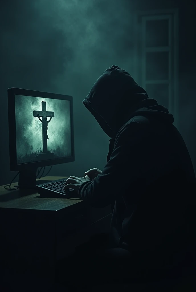 a man in a hood in a dark room in front of a computer on the computer screen there must be a Christian cross 
