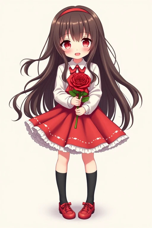A deformed illustration of a cute anime girl with long brown hair, red eyes, wearing a white dress shirt with a red handkerchief-shaped ribbon, a red skirt, black socks, and red shoes with white areas, smiling and holding a red rose in both arms.