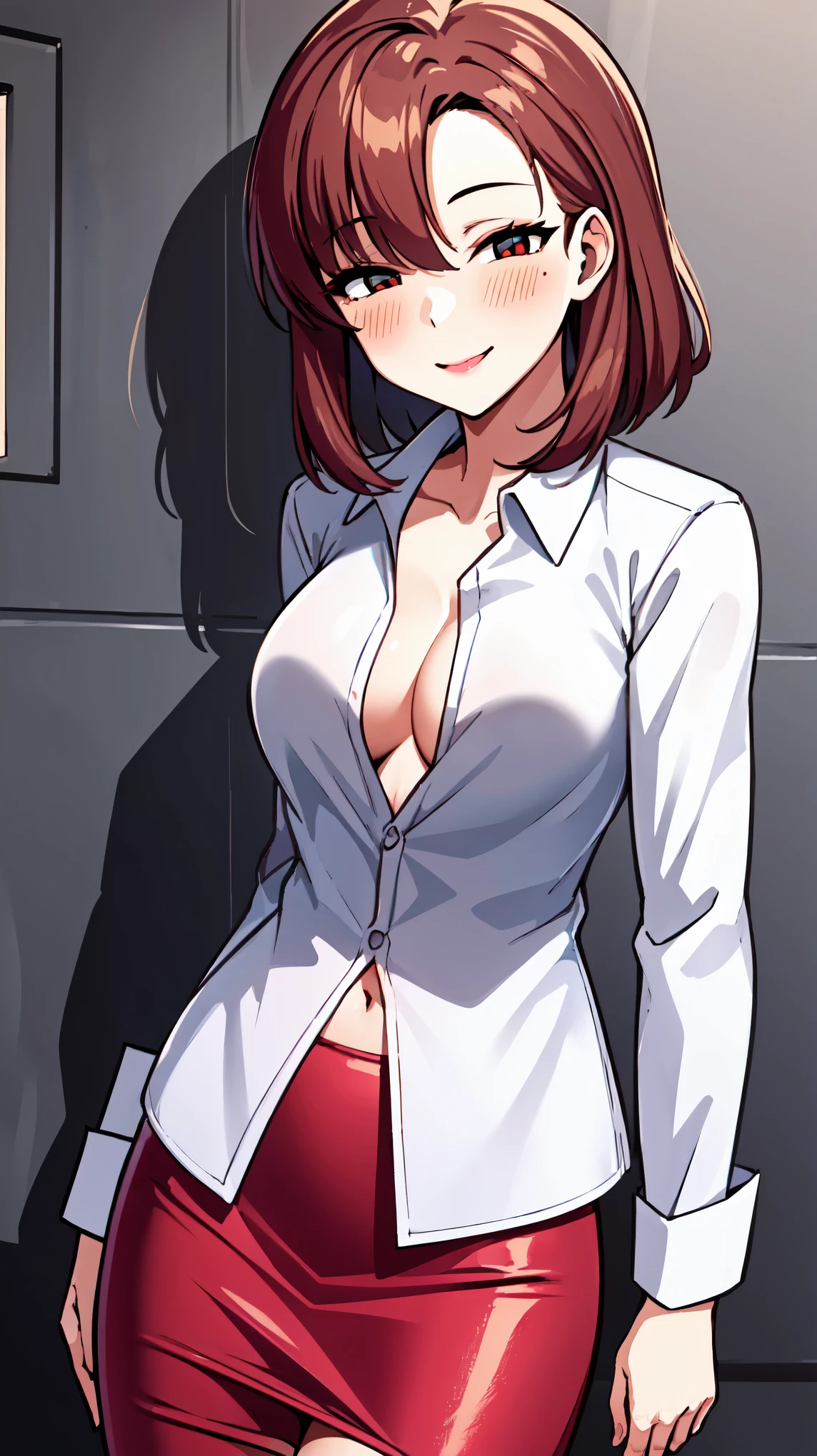 ((super high quality,Ultra-high resolution,16K,super masterpiece,Ultra HD ,Detailed shading,))One sexy woman,Sexy naked shirt,popped Tight collar Pink shirts,Red pencil skirt, Looking at the camera,smile,blush,