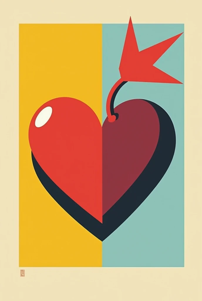 Minimalist icon in the shape of a bomb and a heart in the 80s pop art style