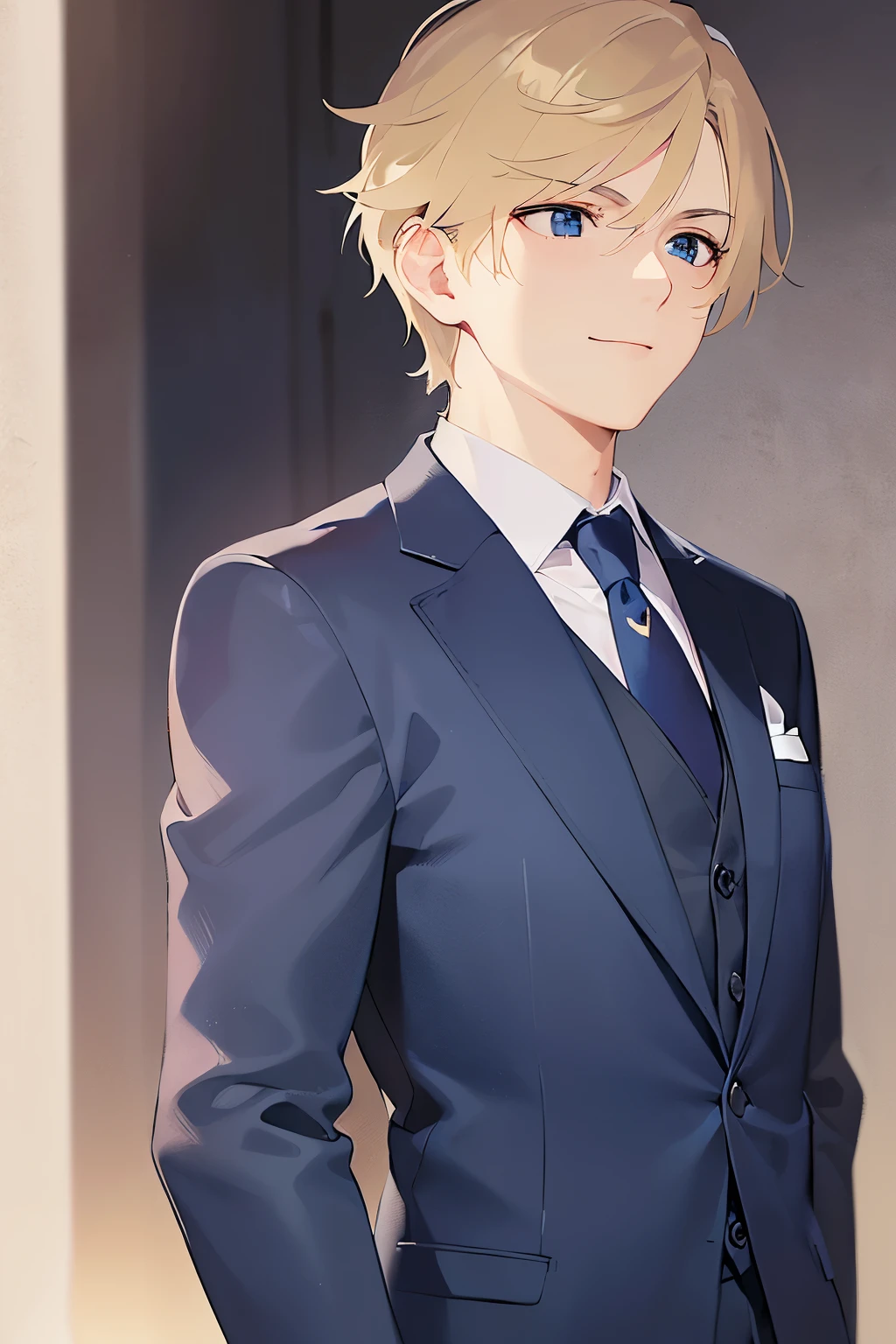 side angle, (looking away:1.5),upper body、shiny skin、masterpiece、Highest quality、BREAK ld male:1.5) and (Blonde short hair) and (Blue eyes), (Wearing a suit:1.3) and (tie) BREAK 
(smile:1.3),open mouth,Are standing、The background is the office、(alone:1.5)、Upper body is shown、