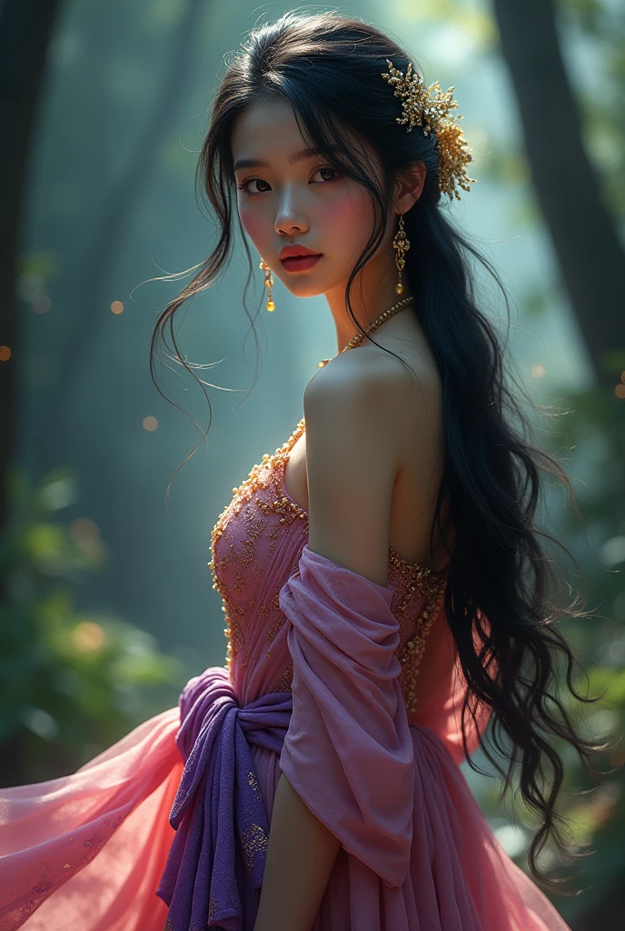 Full movie 4k hipper Think of it like the movie poster for In the Wind of Flowers.. The full-body image features a beautiful young woman as the main character., Wearing a sparkling pink Dusit Thai dress and a purple and gold sarong, have long black hair, Tie loosely and secure with a small hair clip floating at the back.. Light from the stars, Beautiful and realistic scenes of a mysterious forest, Glittering light. 3D image, oil painting, Sharp picture.