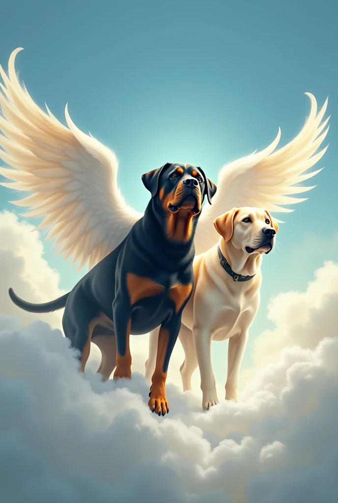 Create a drawing of a Rottweiler dog, with black snout and chest, with angel wings, arriving in heaven and being welcomed, in the sky, by another dog, Labrador, light-colored, also with wings.