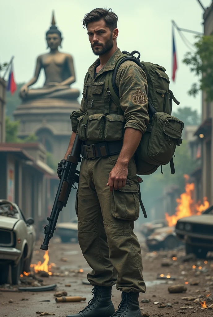 Create realistic images The man stood to the side and turned his head to look forward. On the back, he carries a camouflage backpack. Both hands held the same shotgun. Clothes were stained and partially torn. Standing in the middle of a road full of overturned and burning car wreckage. The background is an abandoned building. Thai style building and has a large Buddha statue and a Thai flag.