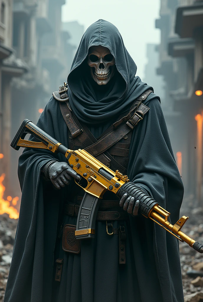 a highly detailed photo of Ghost from Call of Duty, wearing a skull mask, holding a gold AK117 assault rifle, standing in a destroyed city with bullet holes in the background, the words "iKillAce" written in the background, surrounded by an aura of power, dark and dramatic fantasy atmosphere, dramatic lighting, cinematic composition, hyper realistic, best quality, masterpiece, a powerful gun with magical bullets, iKillAce written in black lightning, fantasy magic, highly detailed, cinematic lighting, vibrant colors, epic, dramatic, 8K, photorealistic