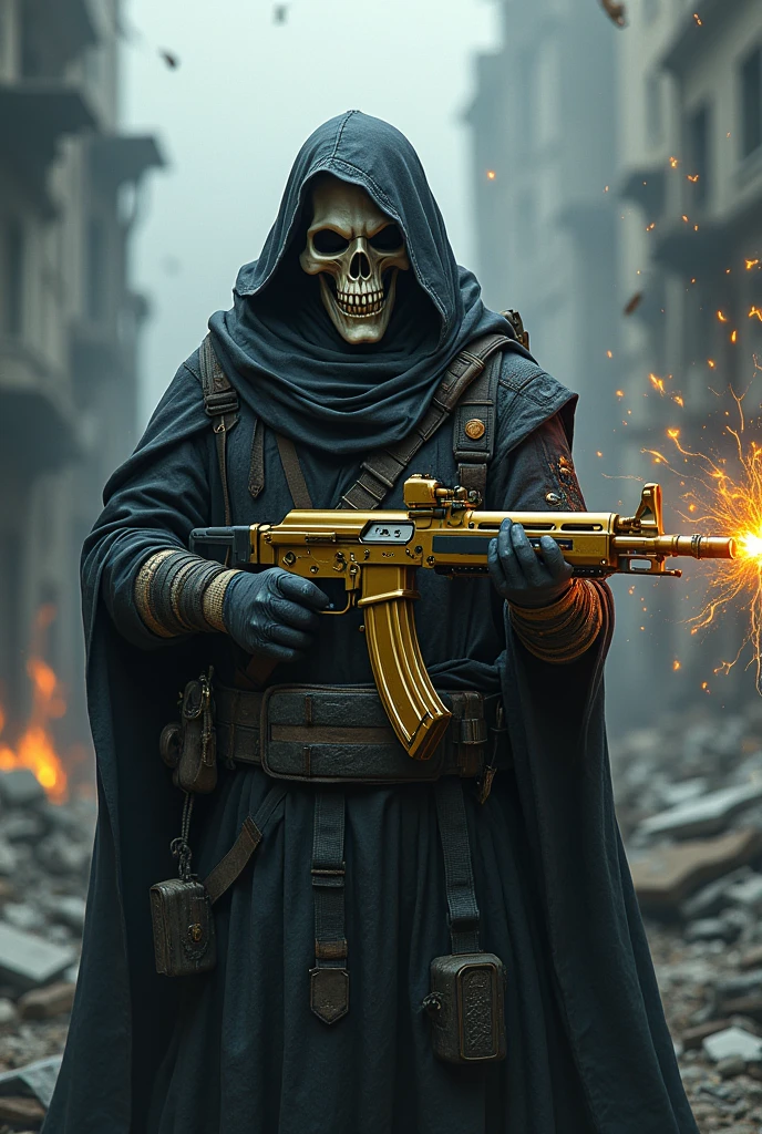 a highly detailed photo of Ghost from Call of Duty, wearing a skull mask, holding a gold AK117 assault rifle, standing in a destroyed city with bullet holes in the background, the words "iKillAce" written in the background, surrounded by an aura of power, dark and dramatic fantasy atmosphere, dramatic lighting, cinematic composition, hyper realistic, best quality, masterpiece, a powerful gun with magical bullets, iKillAce written in black lightning, fantasy magic, highly detailed, cinematic lighting, vibrant colors, epic, dramatic, 8K, photorealistic